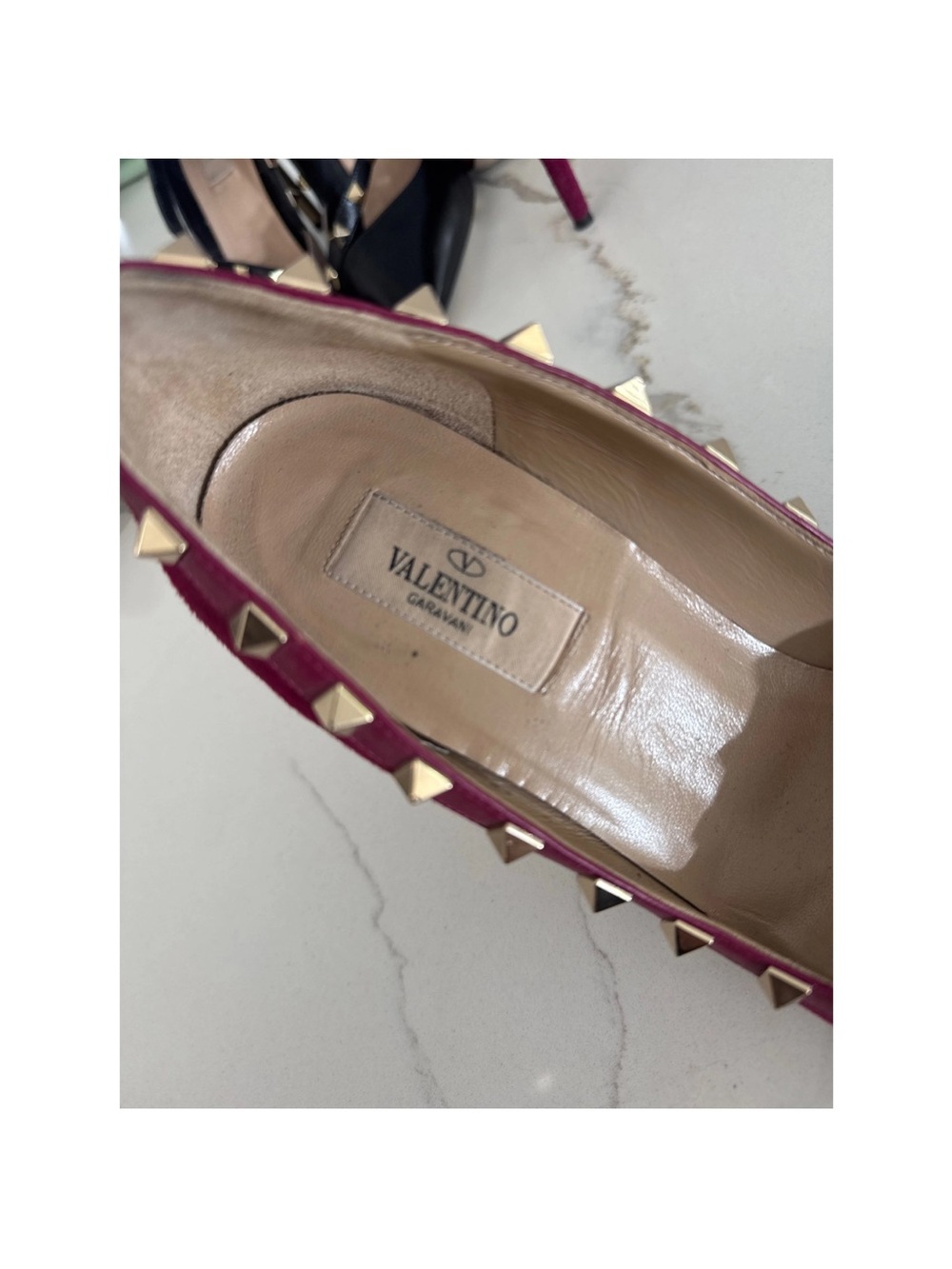Valentino Garavani Rockstud Pointed Pumps in Magenta Suede with Gold Studs - Picture 6 of 7